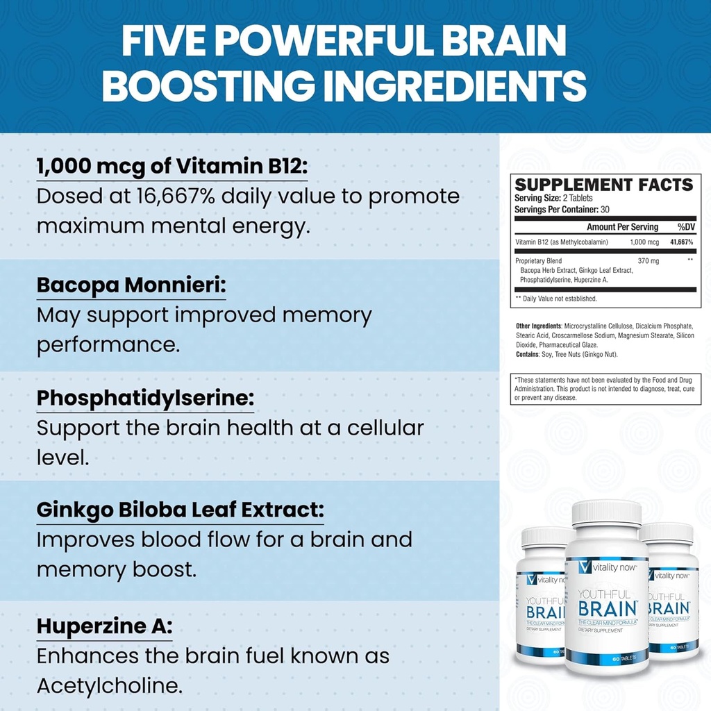 Youthful Brain | Memory & Brain Health Support Supplement med Bacopa Monnieri, Ginkgo Biloba, B12 - Lätt att svälja tabletter - 30-dagars leverans (60 greve)