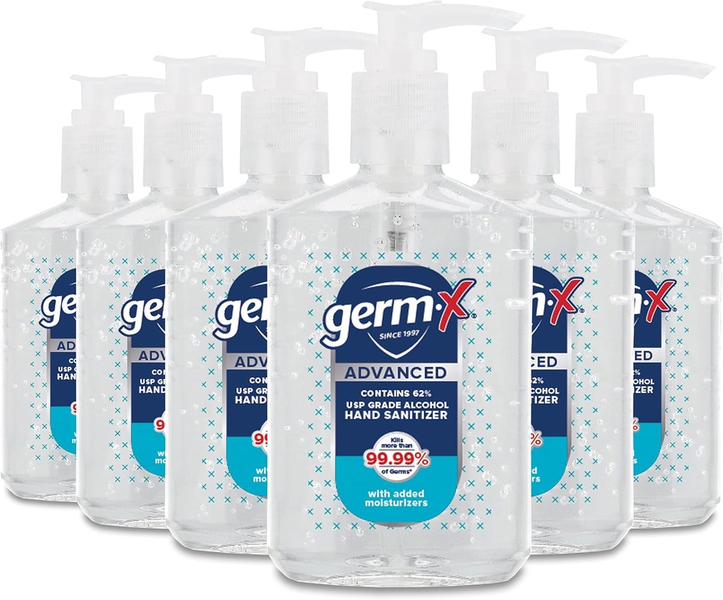 Germ-X Advanced Hand Sanitizer, Non-Drying Moisturizing Clear Gel, Instant och No Rinse Formel, Tillbaka till skolan Supplies College, Pump Bottle, 8 Fl Oz (Pack av 6)