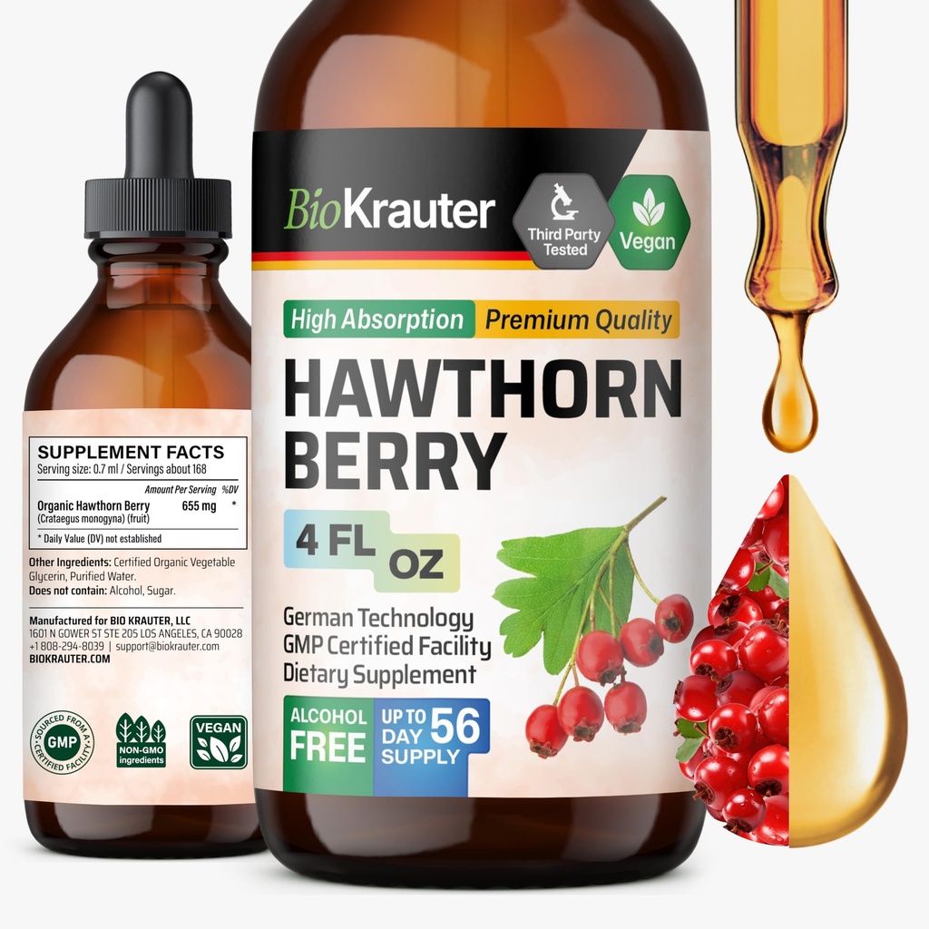 BIO KRAUTER® Hawthorn Berry for Circulatory Support - Hawthorne Berry Supplement for Relaxation & General Wellness - 4 Fl.Oz Calm Liquid Drops, Alcohol & Sugar Free, 56 Days of Supply