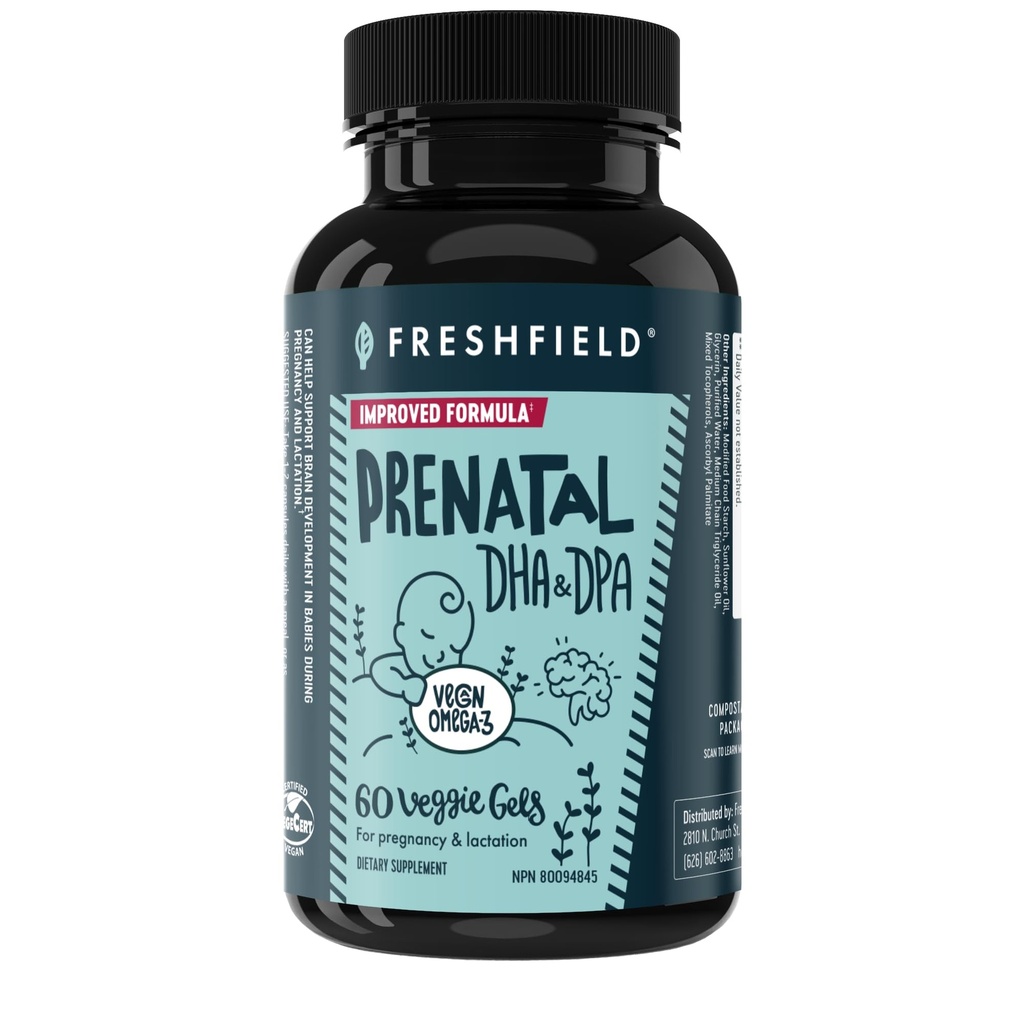 Freshfield Prenatal Vegan Omega 3 DHA: Sustainable, Carrageenan Free, Third Party Tested, Compostable Bottle, Carbon Neutral. Stöder hjärta, hjärna, gemensam hälsa w / DPA