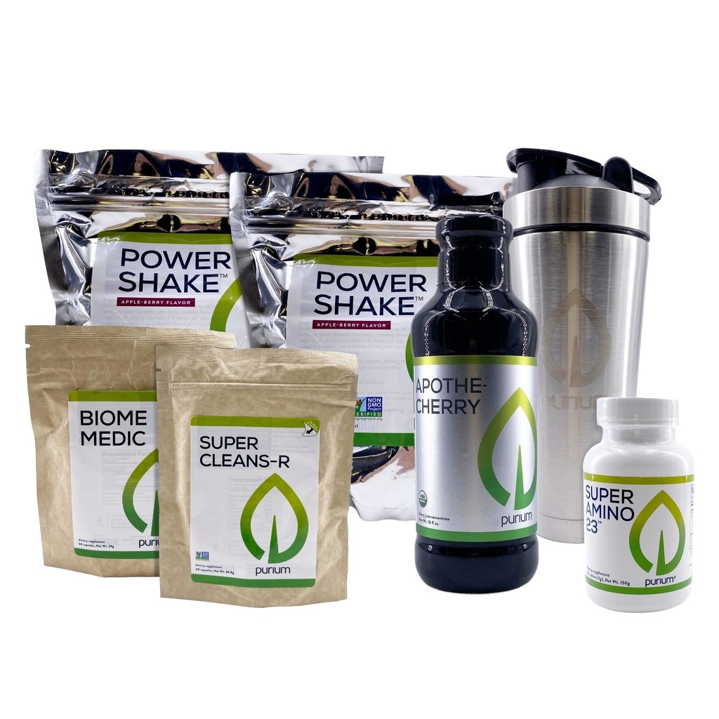 Purium Cleansing + Fitness Bundle - Inkluderar Power Shake (Apple Berry), Apothe-Cherry, Super Amino 23, Super CleansR, Biome Medic, & Blender Bottle