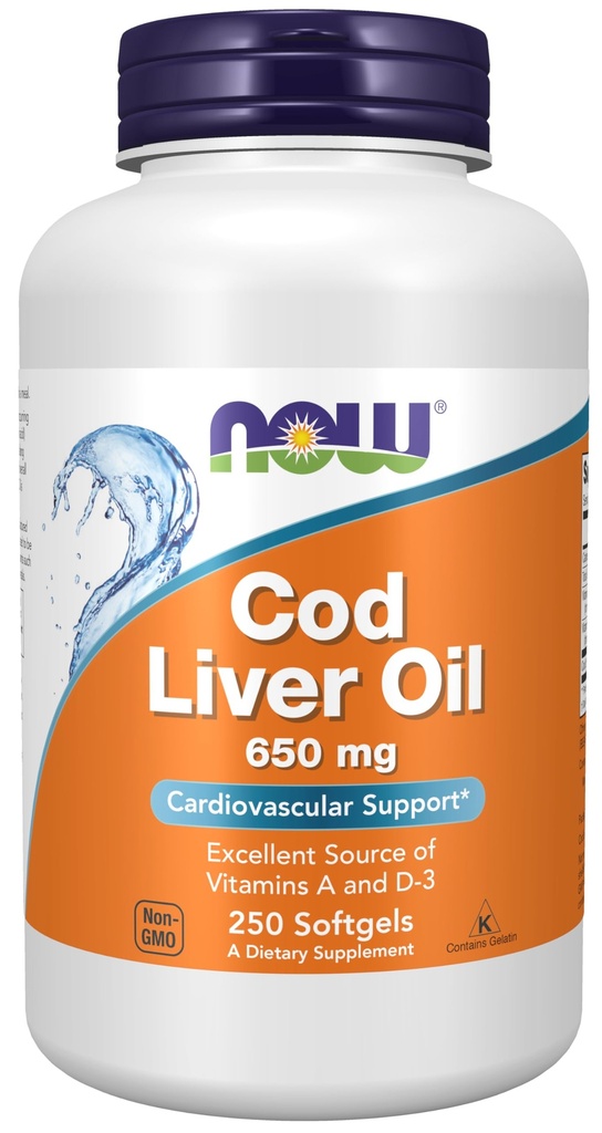 NOW Foods Supplements, Cod Liver Oil 650 mg, Excellent Source of Vitamins A and D-3, 250 Softgels