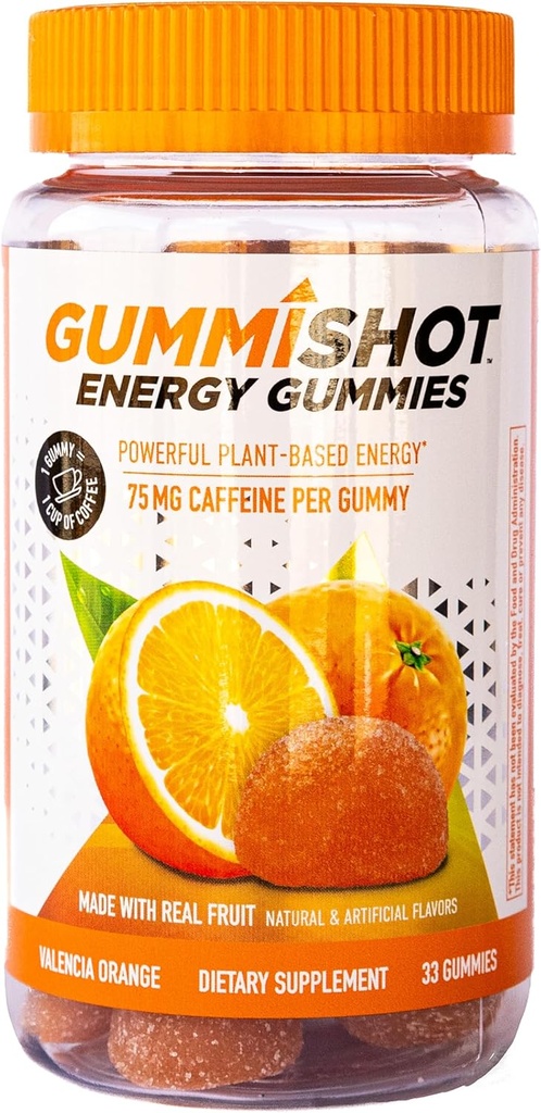 GummiShot Energy Gummies, 2475mg av växtbaserade koffein Chews per flaska, långvariga energiboosters, Valencia Orange (33ct)