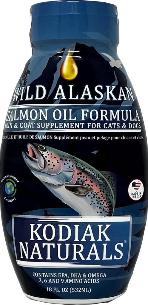 18oz Wild Alaskan laxoljeformel för hundar och katter, en balanserad blandning av rena fiskoljor med EPA och DHA från vildfångad fisk. Stöd för Skin & Coat, Joints och Immune Health.