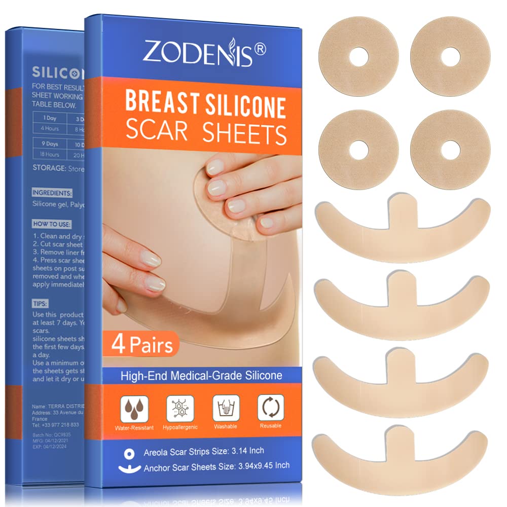 Silicone Scar Sheets för bröst - 8 Pack, inklusive 4 Areola Soft Strips & 4 Anchor Sheets