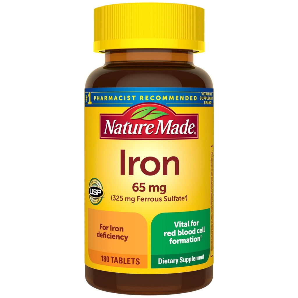 Naturen gjorde järn 65 mg (325 mg järnsulfat) tabletter, kosttillskott för rött blodcellsupport, 180 tabletter, 180 dagars leverans