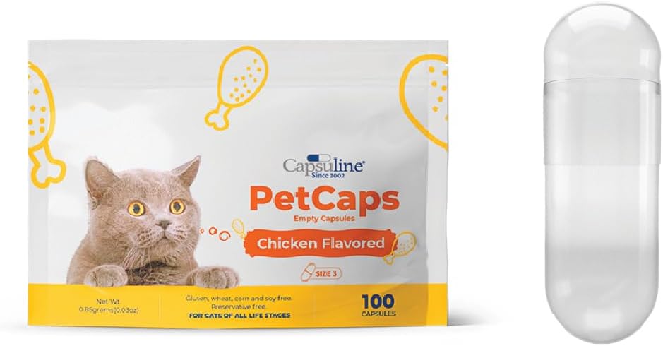 Capsuline PetCaps Storlek 3 Tomma Gelatin-kapslar för katter av alla livsstadier, kyckling smaksatt - 100 greve | döljer medicin smak och doft | Glutenfri, Kosher, icke-GMO-certifierad | Pure Bovine Pill Caps