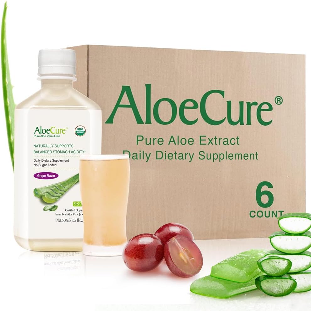 AloeCure USDA Organic Aloe Vera Juice Grape Flavor, Made Within 12 Hours of Harvest - Pure Aloe Vera Digestive & Immune Health Supplement, hjälper till att upprätthålla balanserad magsyra, 16.7oz x 6 Btls