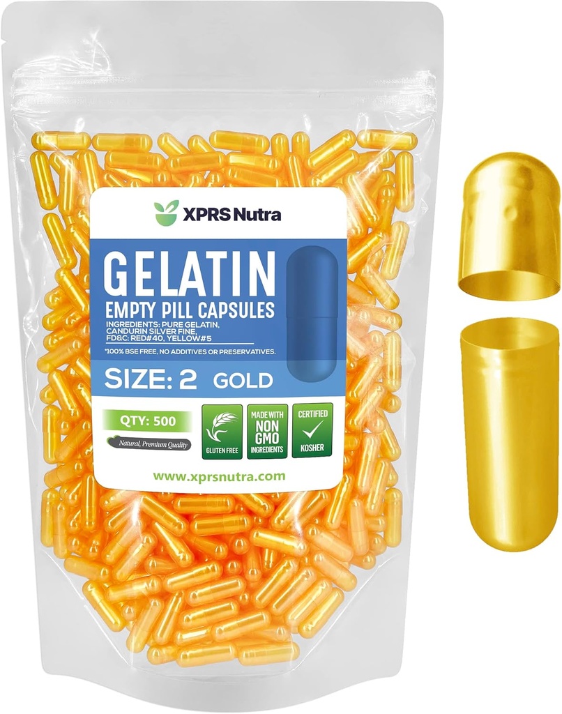 XPRS Nutra Size 2 Empty Capsules - 500 greve Empty Gelatin Capsules - Pills DIY Capsule Filling - Pure Bovine Pill Gel Caps for Do-It-Yourself Supplements (guld)
