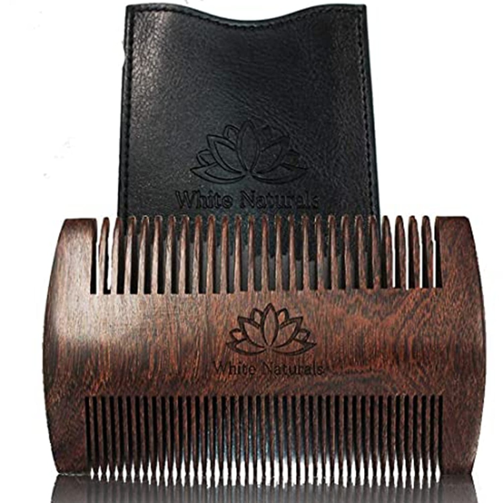 White Naturals Beard Comb för män, Wooden Natural Sandalwood, Fine Dual Action Teeth, Handmade Premium Sandal Wood, Perfekt för balsam och oljor, Inkluderar PU läderfall, fickstorlek