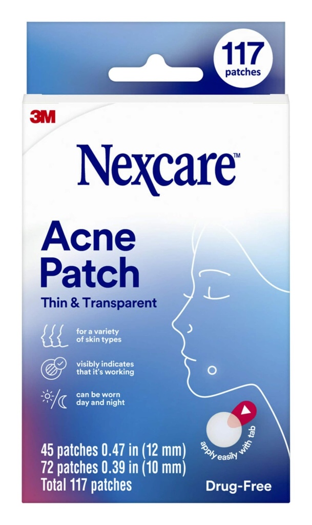 Nexcare Tunn och Transparent Acne Patch, Hud Cover Absorbs Pus och Olja från igensatta porer, Made med hydrokolloida, flik Tillåter Enkel Avlägsnande från Liner - 117 Pimple Patches