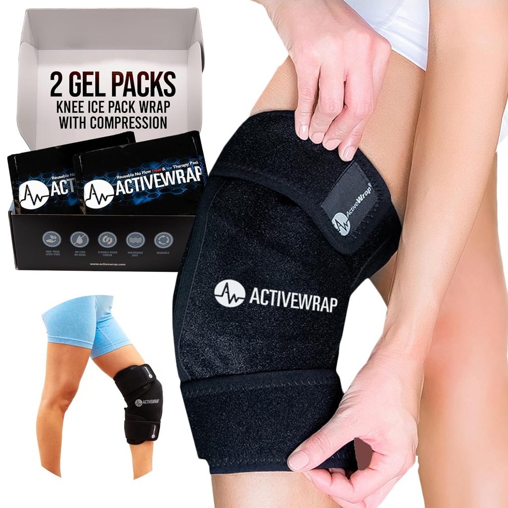 ActiveWrap - Knee Ice Pack Wrap med kompression, 2 Återanvändbar Gel Heat & Cold Packs för Knee Pain, Sore Legs & Shin Splints. Flexibelt kallt svep för skador och svullnadskontroll och gemensamt stöd - en storlek passar mest