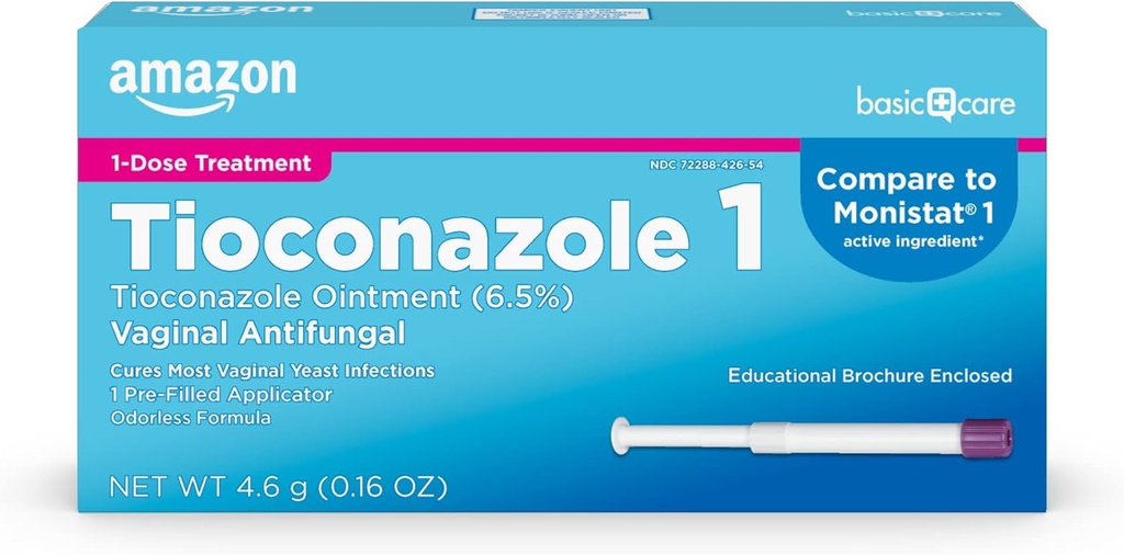 Grundläggande vård Tioconazole salva 6,5 procent, 1-dos behandling, vaginal jästinfektion behandling för kvinnor, feminin vård, 0,16 ounce (Pack av 1)
