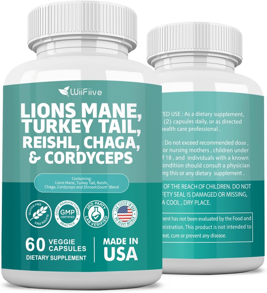 Lions Mane 3000mg Turkiet Tail 3000mg Reishl 1000mg Chaga 1000mg Cordyceps pulverextrakt Innehåller Maitaake Shiitake Black Fungus,Brain Supplement, mineraltillskott, 60 kapslar