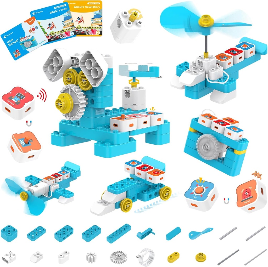 WhalesBot A1 kodningsleksak för barn, bygg Block Robot, kul STEM Leksak med Magnetic Controller och Sensor Blocks, Screen-Free Coding med 3 guideböcker för barn 3-6