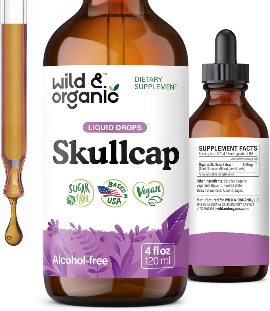 Wild & Organic Skullcap Herb Tincture - Skullcap Supplement för humörstöd - Slappnande flytande extrakt droppar - Vegan, socker och alkoholfri - 4 fl oz