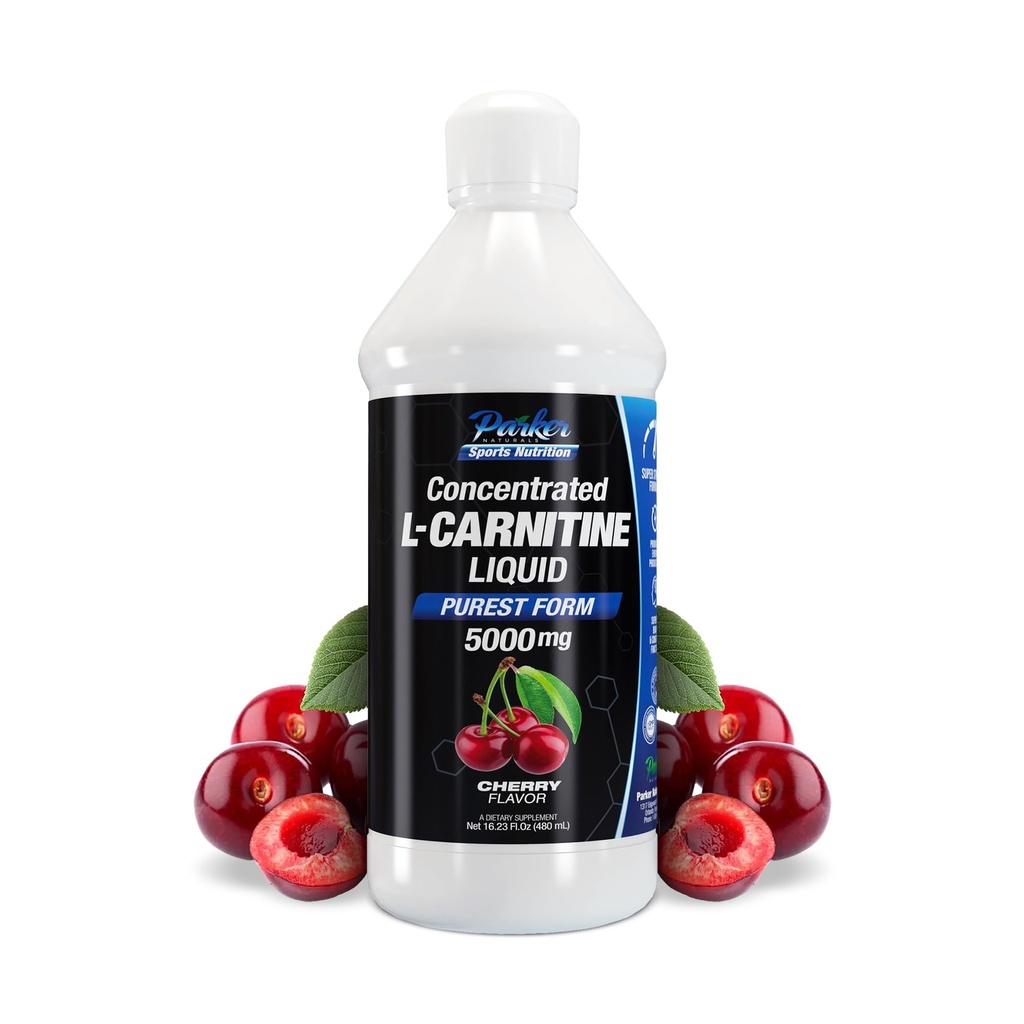 Parker Naturals Concentrated L-Carnitine Liquid, 5000mg All Natural Cherry Flavored Supplement, Liquid L-Carnitine med Vitamin V5, 16.23 Fl. Oz