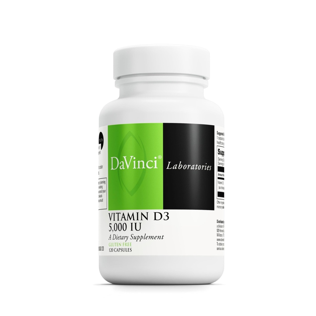 DAVINCI Labs Vitamin D3 5000 IE - Kosttillskott för att stödja hälsosam tänder och ben, kardiovaskulär funktion och immunhälsa * - med 5000 IE per portion - Glutenfri - 120 kapslar