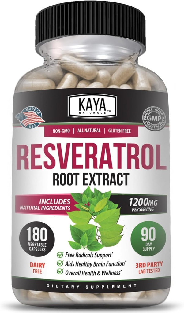 Kaya Naturals - Resveratrol Capsules - Anti Aging Supplement - Antioxidanter med hjärnstöd - Maximala fördelar - 180 Veggies kapslar