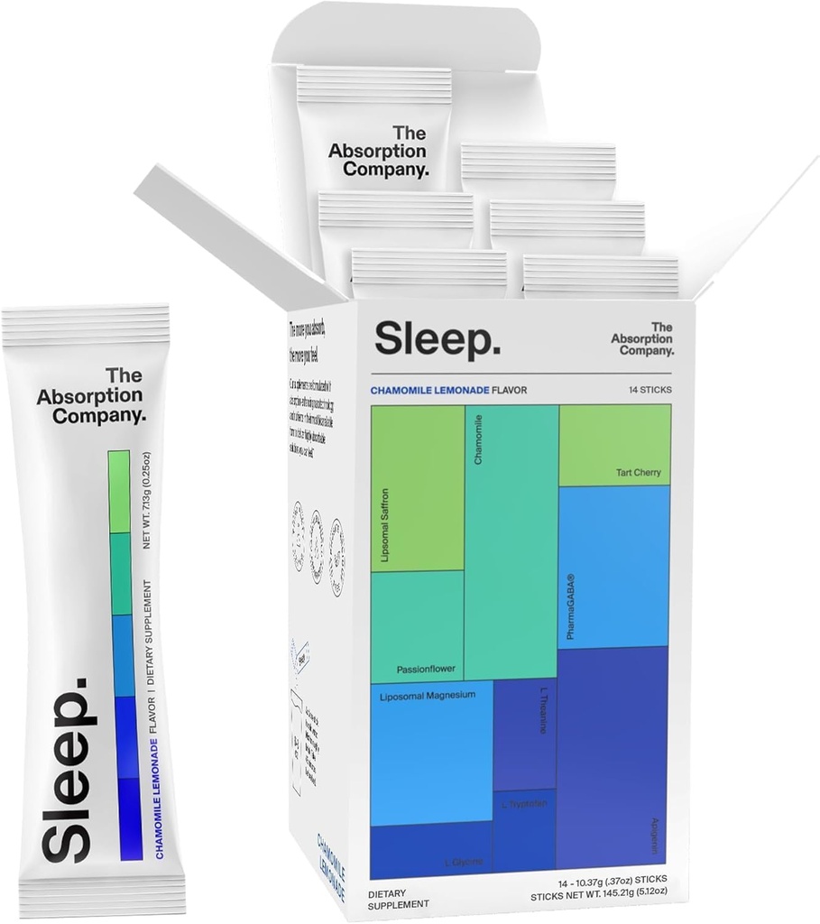 Sleep Aid Powder - Kalmning Drink för djup sömn med Liposomal Saffron, Magnesium & PharmaGABA Melatonin-Free Natural Supplement för att minska stress och förbättra sömnkvalitet Chamomile Lemonade 14 Sticks