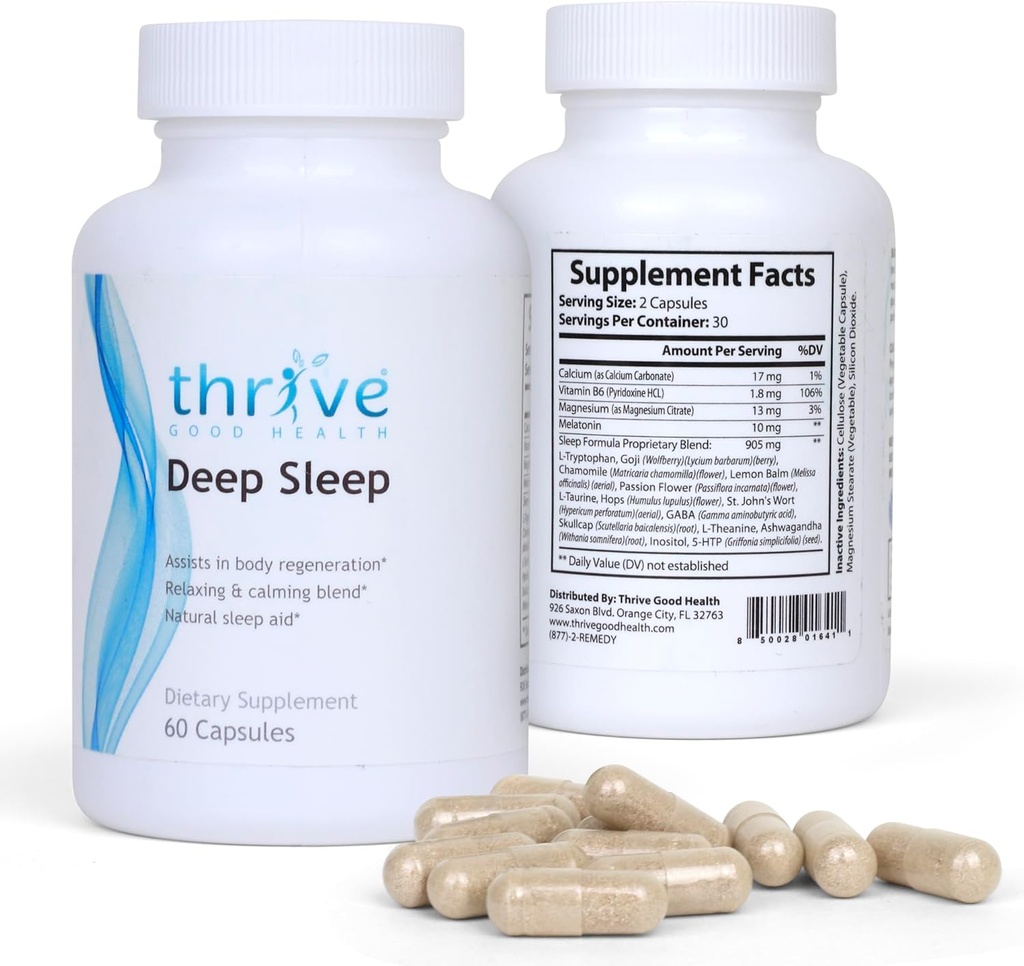 Thrive Good Deep Sleep - Sleep Supplement med kalciumkarbonat, vitamin B6, Magnesium - Sleep Aid Formel med Melatonin, L-Tryptophan, 5-HTP, Inositol, Natural Plant Extracts - 60 Veggie Capsules