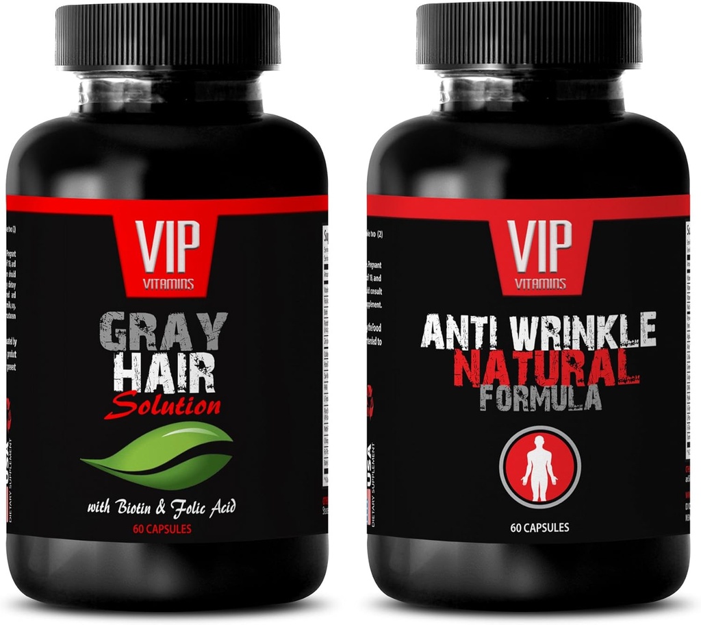 Anti-Aging Essential - grå hårlösning - Anti Wrinkle Formel - Saw Palmetto Natural - 2 flaskor (60 kapslar + 60 kapslar)