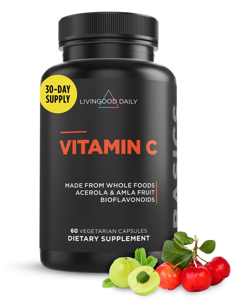Livingood Daily Vitamin C Supplement, 3-in-1 Whole Food-Based Vitamin C with Acerola & Amla Fruit Extracts and Citrus Bioflavonoids for Immune Support, Vegan, Gluten Free, Non GMO, 60 Capsules