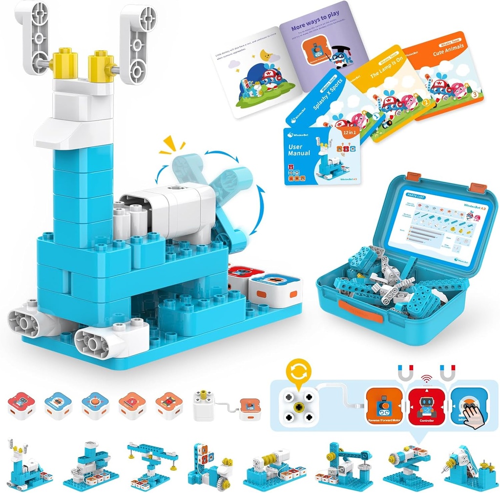 WhalesBot A3 12-i-1 STEM Blocks Coding Robot Kit för barn, 61-Piece Educational Building Set med Interactive Storytelling, Ideal Toy Gift för pojkar & flickor Ålder 3-6