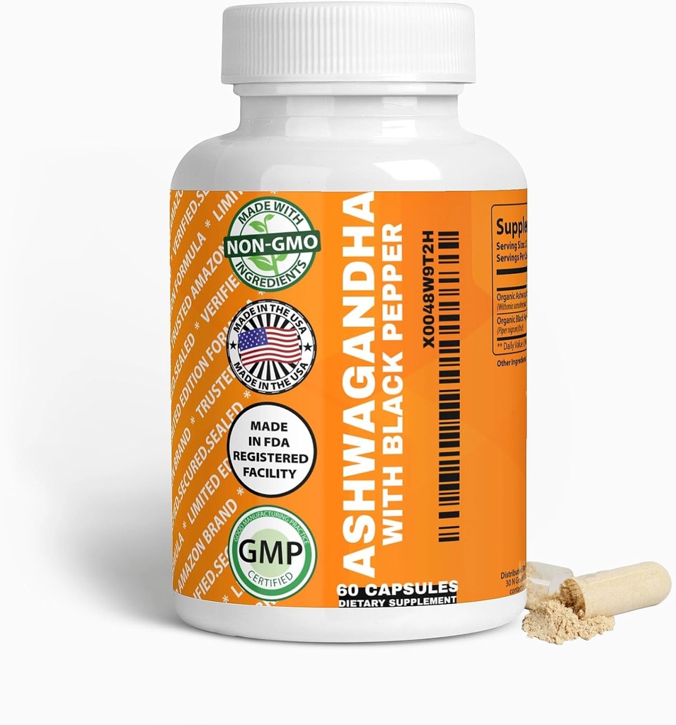 Generisk organisk Ashwagandha & Black Pepper Capsules, 1300mg & 10mg, 60 greve, öka immunitet och humör naturligt