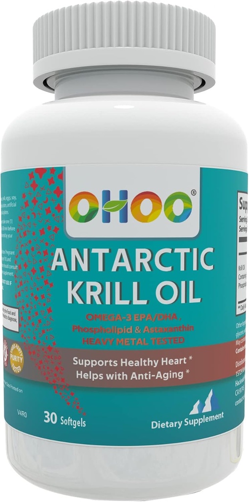 OHOO Antarctic Krill Oil 500mg Omega-3 EPA & DHA Supplement, Phopholipids, Antioxidant Astaxanthin, stöder hälsosamt hjärta och anti-aging Supplement med No Fishy Aftertaste, 30 Softgels