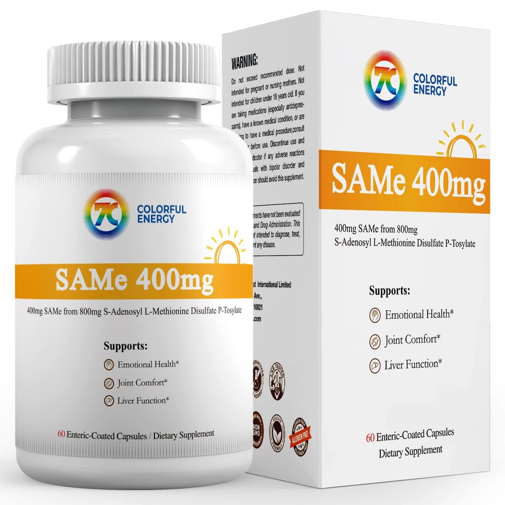 7c Sam e 400mg Supplement (S-Adenosylmethionine), Vitamin B6, B12 Tillsatt för att förbättra Sam-e-effektivitet, humör och gemensam komfort, Vegan, icke-GMO, Gluten-Free, 60 Enteric Coated Capsules