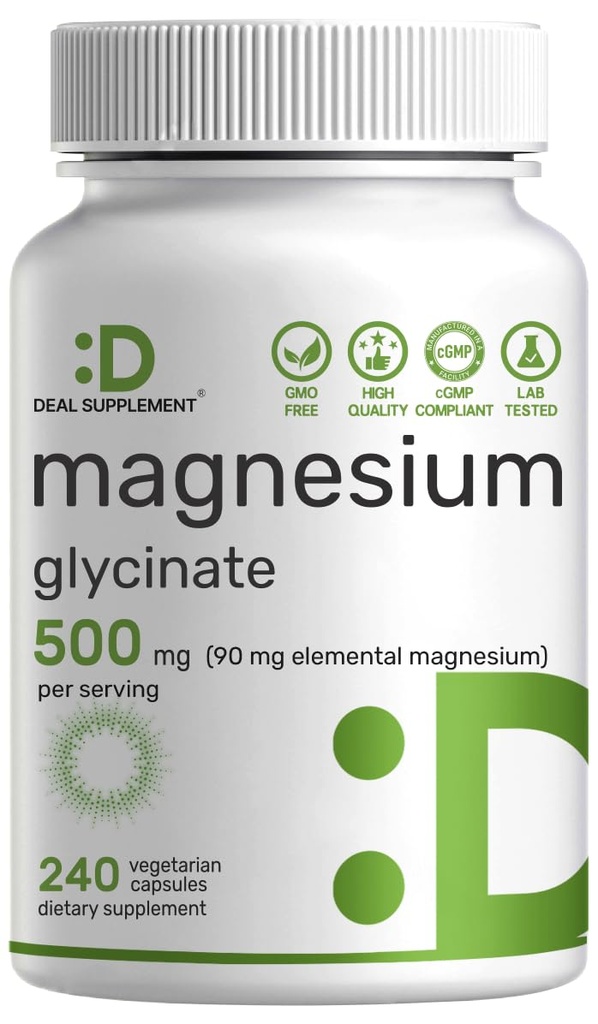 Magnesium Glycinate 500mg, 240 Veggie Capsules | 100% Chelated for Easy Absorption | Essential Mineral Supplement för muskel, sömn och hjärthälsa *