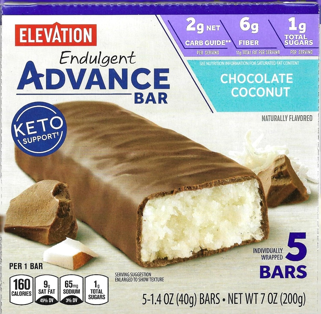 Millville Elevation Advance Chocolate Coconut Bars, Carb Conscious, 5g Protein, med recept. En låda med 5, 1.4oz Individuellt inslagna barer. Bundle innehåller 2 recept, 5 barer.