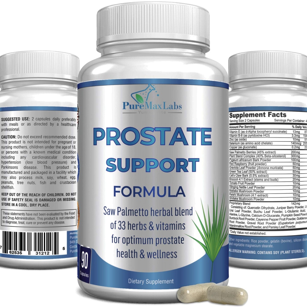 Prostate Support Formel för Män - Saw Palmetto, Plant Sterol, 33 Herbs, Bladder Control Pills för att minska frekvent urinering och DHT Blocker för att förhindra håravfall | Prostate Supplement | 90 kapslar