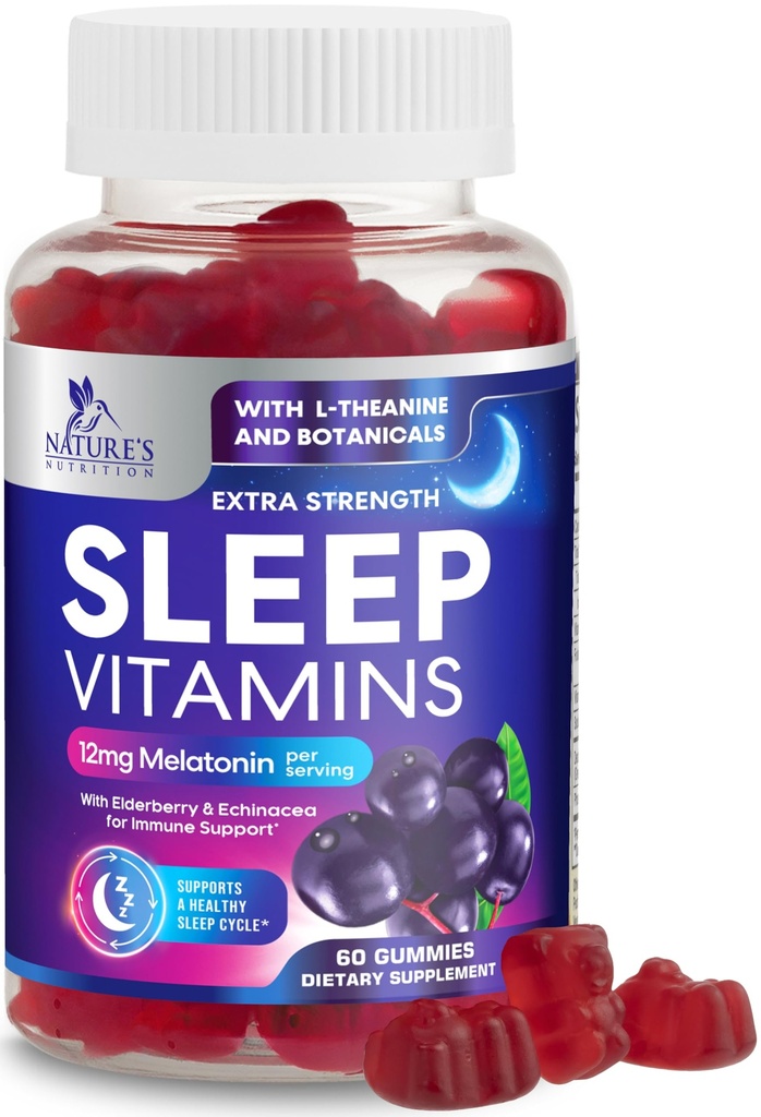 Sleep Gummies med Melatonin 12 mg - Extra Styrka Sleep Vitamin Gummy, Natural Melatonin Gummy, Occasional Sleep Support Supplement för vuxna, Vegan, Non-GMO, Gomitas para Dormir - 60 Gummies