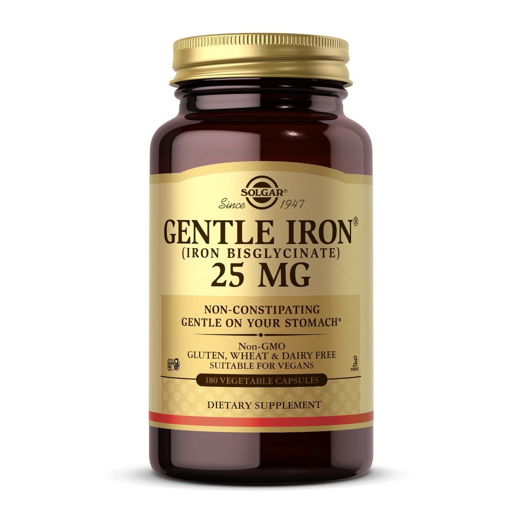 Solgar Gentle Iron (Iron Bisglycinate) 25 mg - 180 Vegetabiliska kapslar - Icke-Constipating, Gentle på magen - Icke-GMO, Gluten Free - 180 portioner