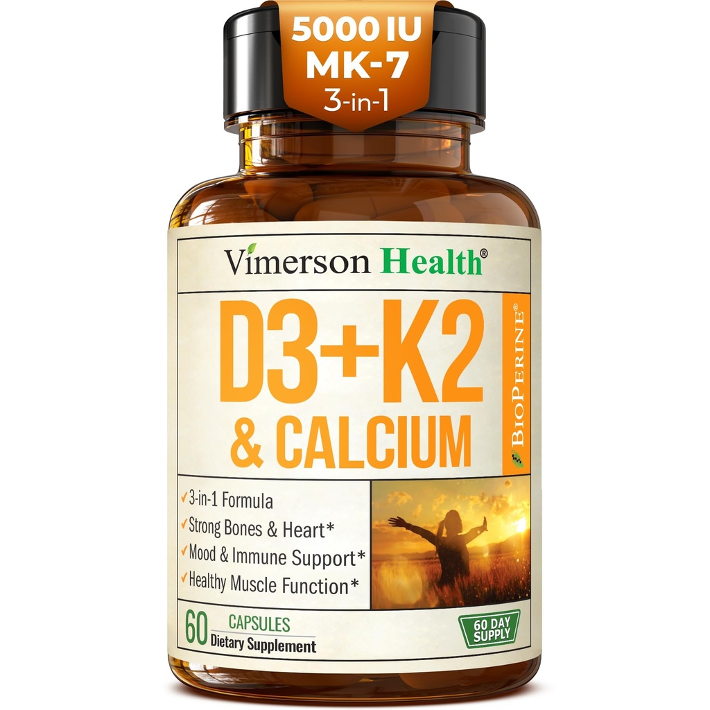 Vitamin D3 K2 Supplement – All-in-1 Support for Immune, Bone & Heart Health with Vitamin D + Vitamin K (as MK7) – K2 D3 (5000 IU) Vitamin Supplement with Black Pepper for Max Absorption, 60 Capsules