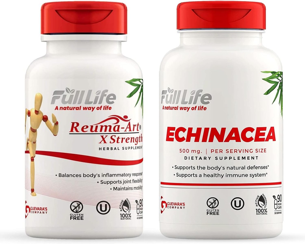 Full Life Reuma-Art X Styrka och Echinacea Capsules - Gemensamt Support Supplement - Echinacea Purpurea Extract - Kosher, Gluten-Free - 90 Veggie kapslar
