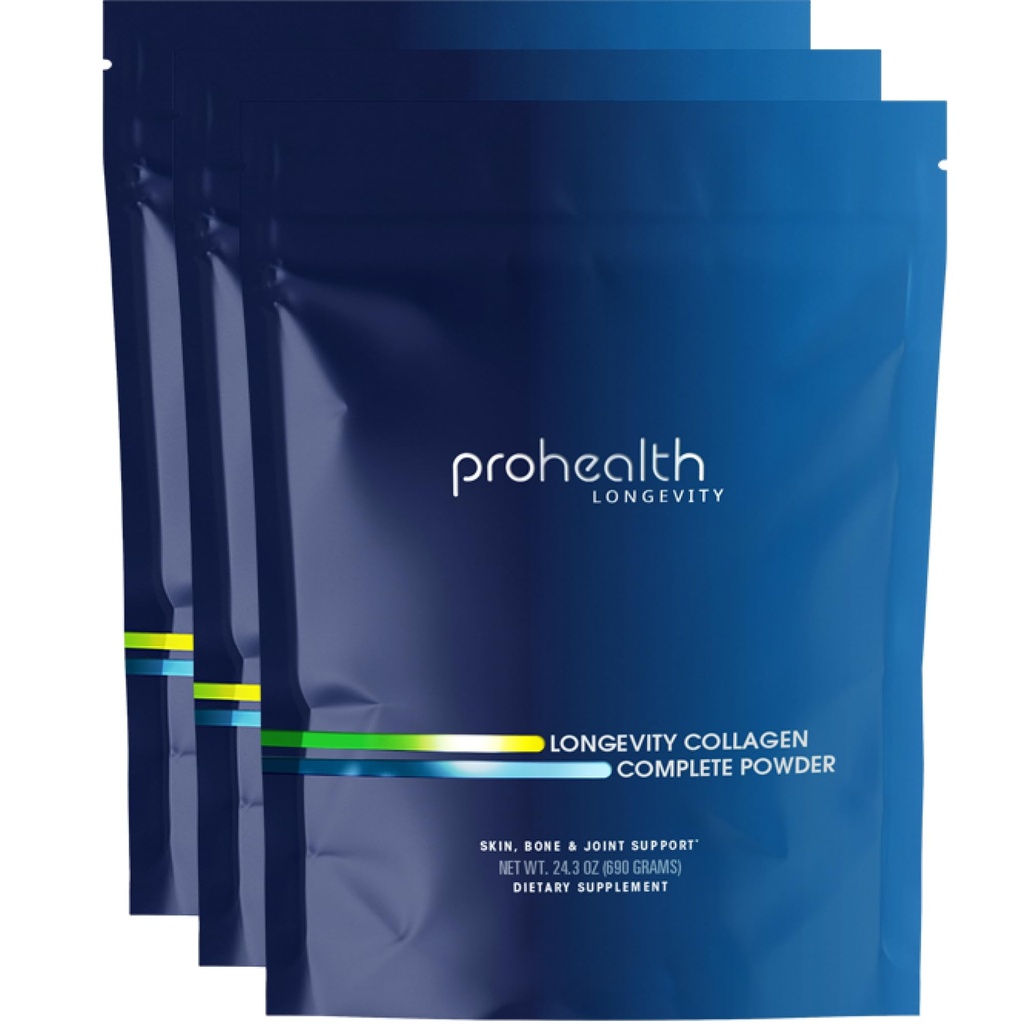 ProHealth Longevity Collagen Peptides Powder - för personer över 40, 20g Multi Collagen. 2g Pro-Collagen. Hyaluronsyra. Typ I, II, III, V, X för Joints, Bones, Hair, Skin, Muscles, Gut - (3 Pack)
