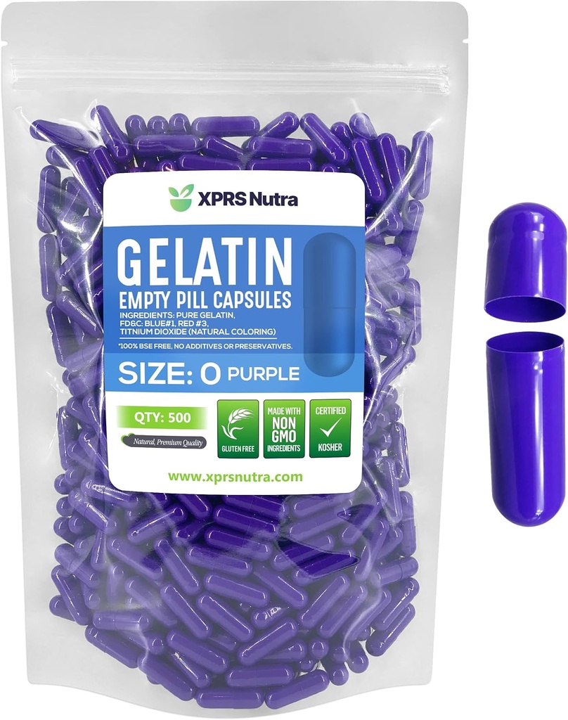 XPRS Nutra Size 0 Empty Capsules - 500 greve Empty Gelatin Capsules - Pills DIY Capsule Filling - Pure Bovine Pill Gel Caps for Do-It-Yourself Supplements (Purple)