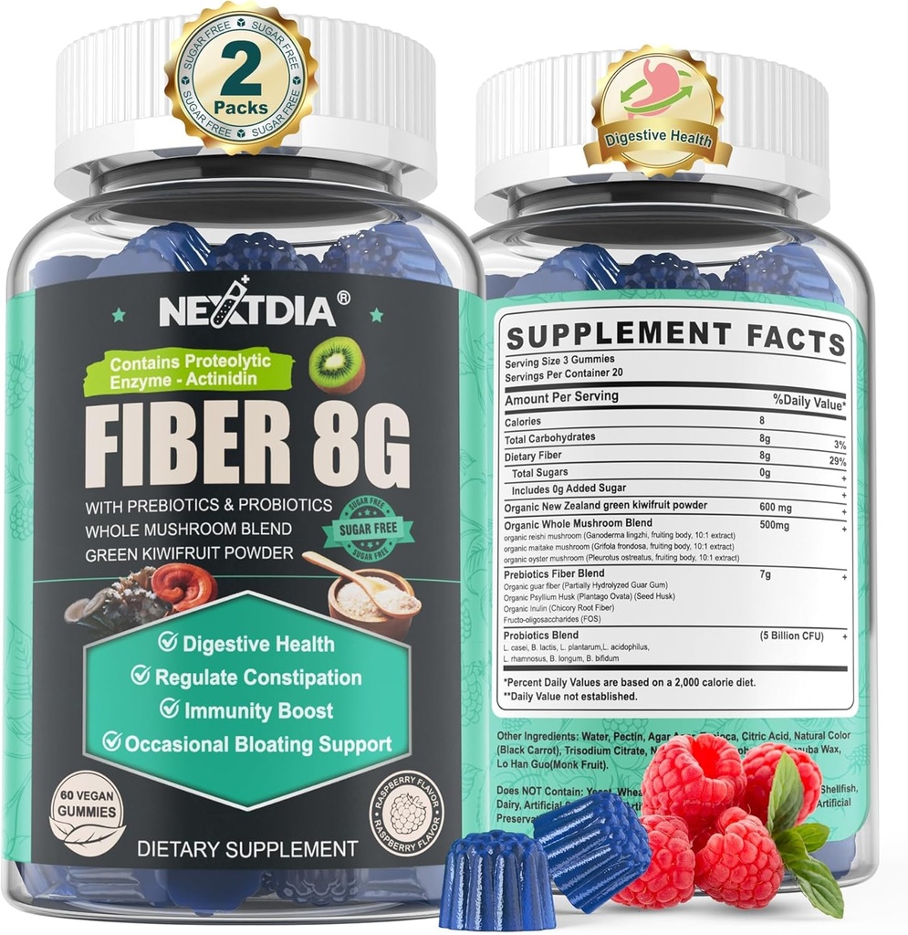 Sugar Free Prebiotic Fiber Supplement för kvinnor och män | 8G High Fiber Gummies med Mushroom, Psyllium Husk, Digestive Enzymes, Guar Gum, Inulin för att stödja Gut & Digestive Health | 120 Vegan Gummies