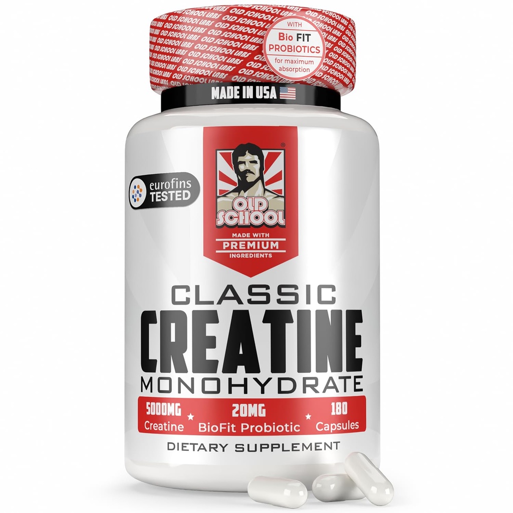 Old School Labs 5000mg Kreatinmonohydratkapslar med BioFitTM (Max Strength) stöder muskeltillväxt och återhämtning, prestanda, kognitiv hälsa - Kreatinpiller för män och kvinnor, tillverkade i USA 180 Caps