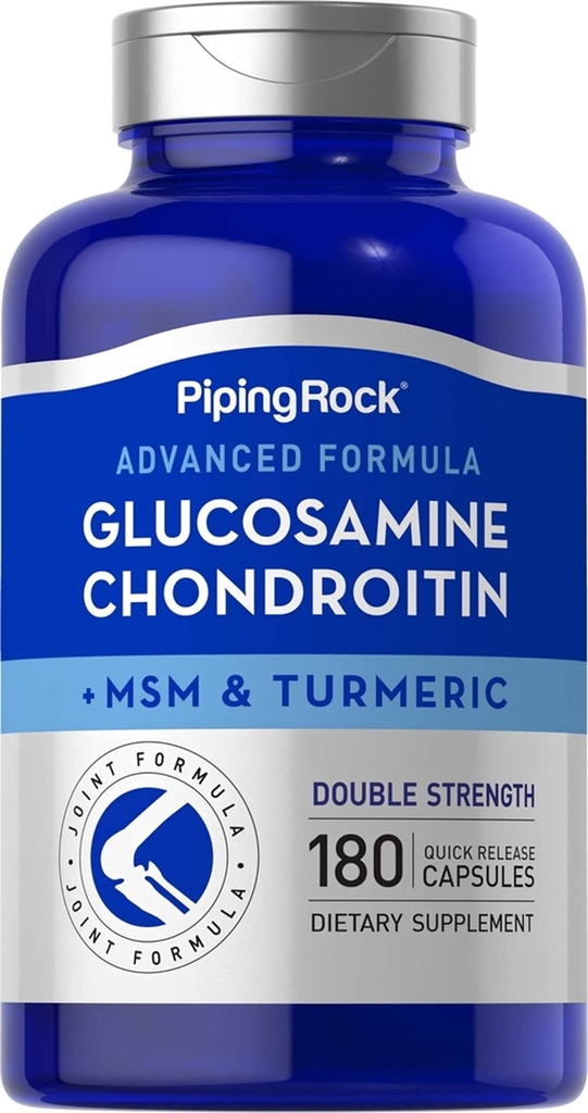 Piping Rock Glucosamine Chondroitin MSM och gurkmeja | 180 kapslar | Komplext tillskott | Avancerad dubbel styrka Formel | Non-GMO, Gluten Free