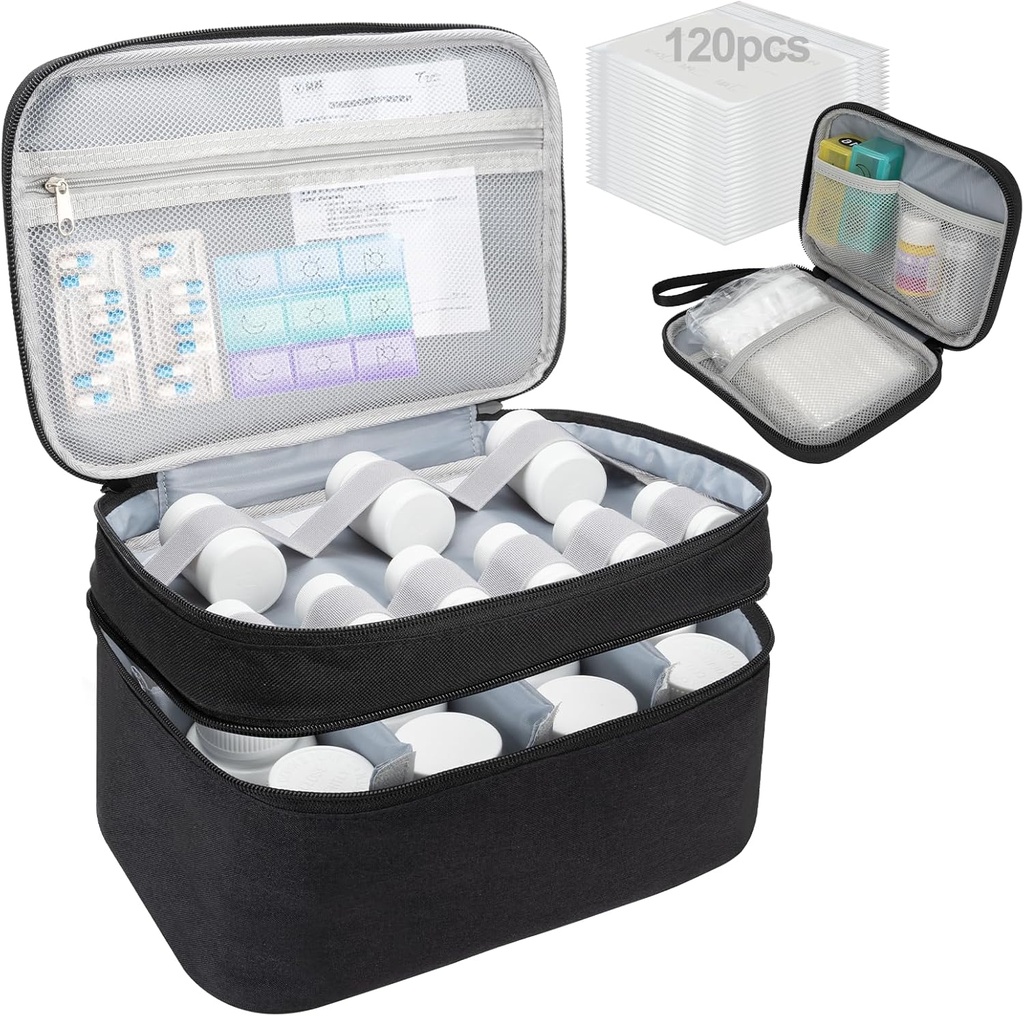 Medicine Organizer Bag, Dual Layers Pill Bottle Organizer Storage Bag med Justerbar Divide, Medication Travel Bag för Pills, Vitaminer, Medicinska Supplies för Hem med Pill Carrying Bag & Pill Pouch Bag
