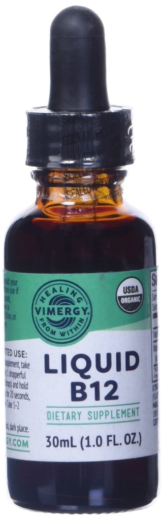 Vimergy Organic Liquid Vitamin B12 Supplement 2500 mcg, Methylcobalamin & Adenosylcobalamin Fast-Absorbing Energy Support USDA Organic, Vegan, Non-GMO B12 Vitaminer för kvinnor och män 30 Servering (30 ml)