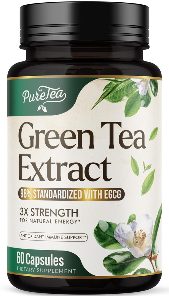 Grönt te extrakt kapslar 1000mg med 45% EGCG & 98% polyfenoler för hjärtsupport med antioxidanter - 3X Absorption Grönt te piller tillskott för naturlig energi, nötkoffein - 60 kapslar