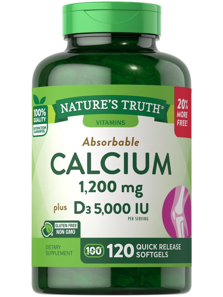 Naturens Sanning Kalcium 1200 mg Plus Vitamin D3 5000 IE Tillskott, 120 Räkna (Pack av 3)