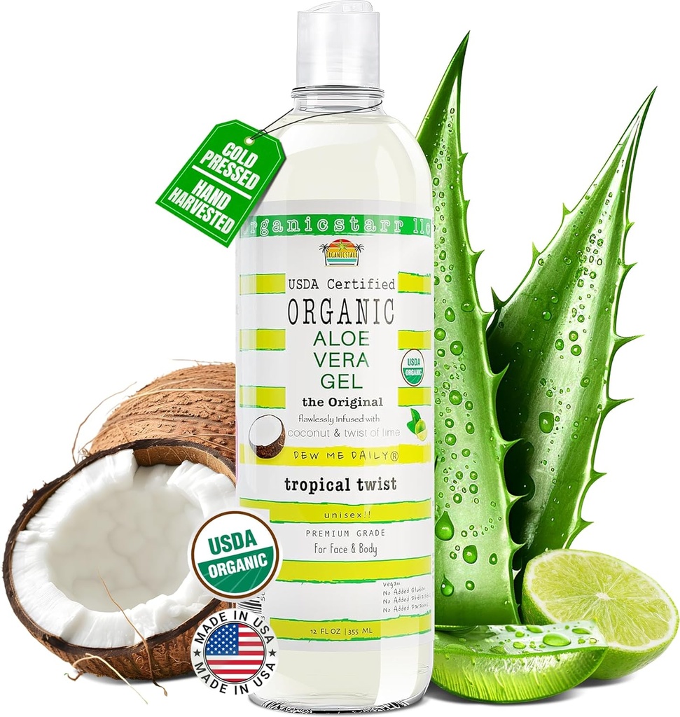 USDA Certified Organic Aloe Vera Gel 12 oz - 100% Pure, Cold Pressed, Hand Harvested, Infused med Coconut, Lime & Verbena Essential Oils, Chemical-Free - Skin & Hair Care, Made in USA