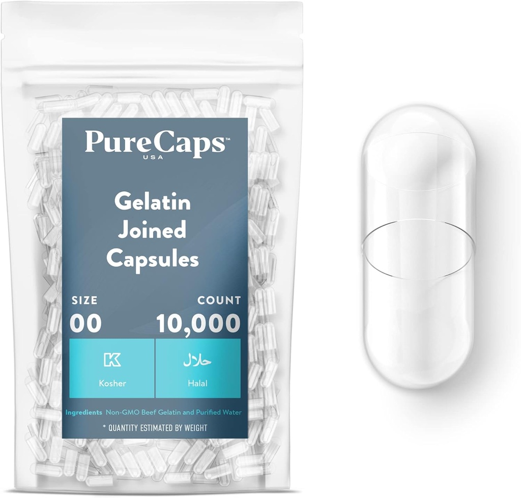 PureCaps USA - Empty Gelatin Capsules Storlek 00| 10 000 anslutna piller | Clear | Icke-GMO-certifierad | SLS, Gluten, Konserveringsfri