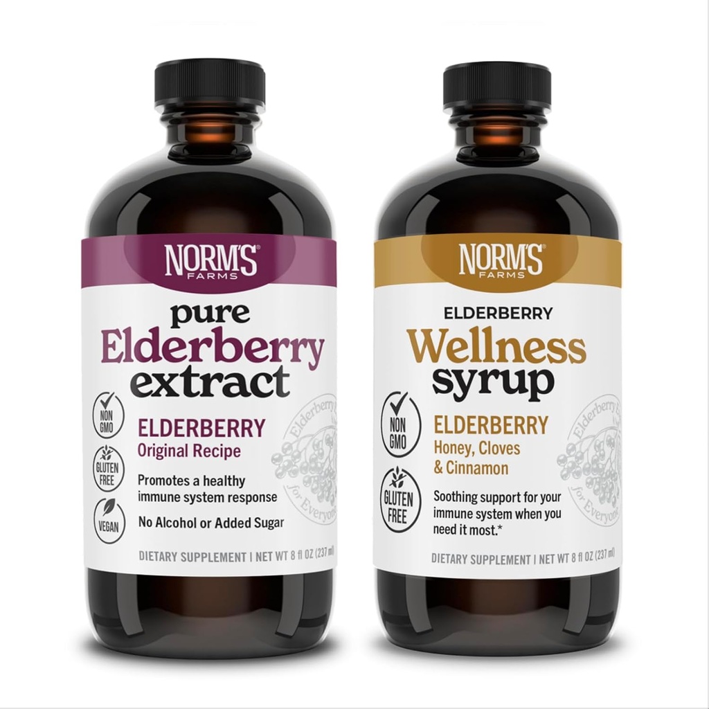 Norm's Farms Elderberry Extract & Wellness Syrup Bundle 2 PK - Immune Support Elderberry Syrup for Kids & Adults - Made in USA, Pure, Potent, Natural Ingredients, Vegan, Gluten-Free, Non-GMO - 8 Oz